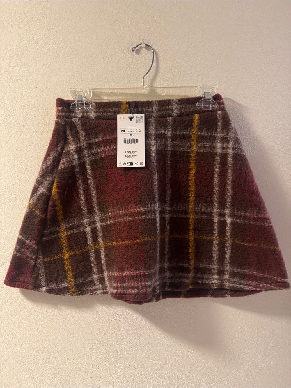 Zara Burgundy Plaid Skater Skirt with Mustard and White Stripes